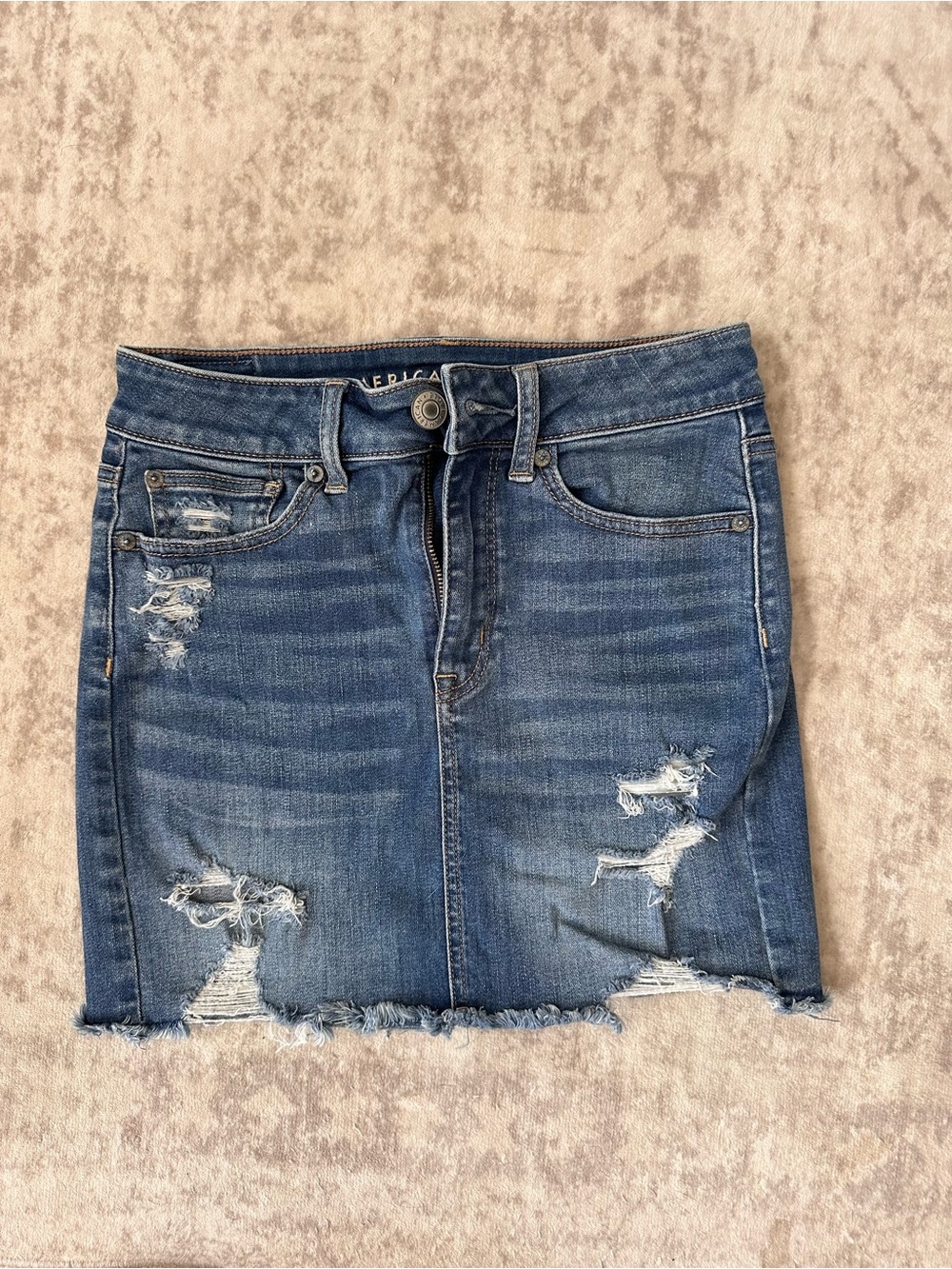 American Eagle Distressed Blue Denim Mini Skirt
